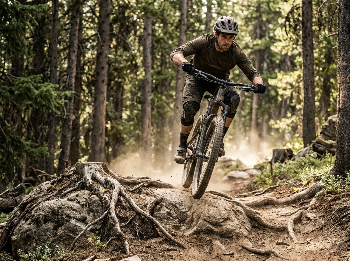 Mountain biker riding a rugged forest trail wearing a durable MTB cycling jersey, knee pads, and gloves