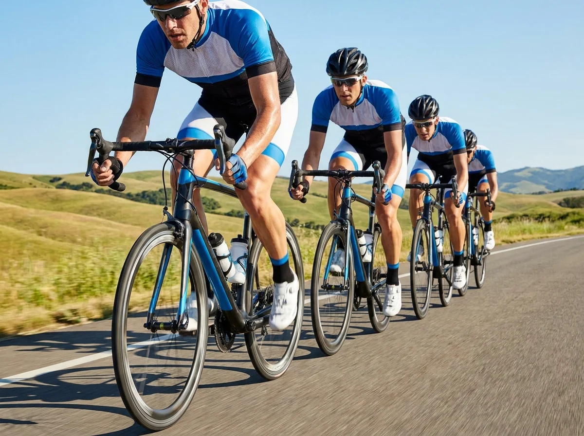 Road cyclists racing in aero jerseys and bib shorts on a paved road, forward-leaning race posture
