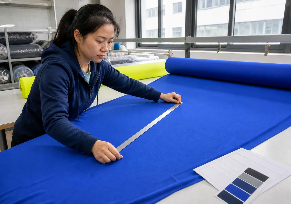 QC inspector measuring incoming cycling fabric against the specification sheet