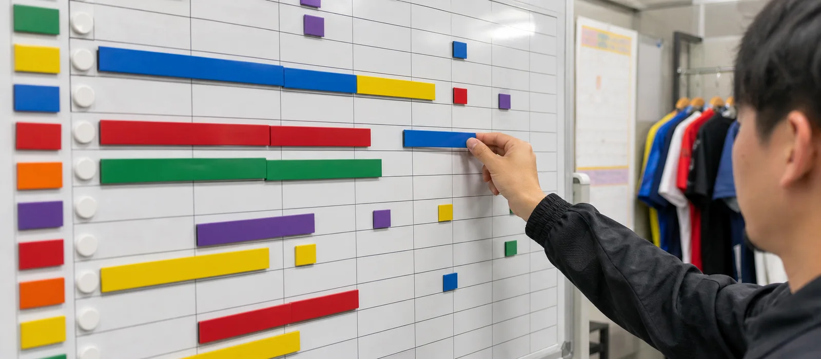 Production scheduling board with line slots and order windows for cycling kit orders