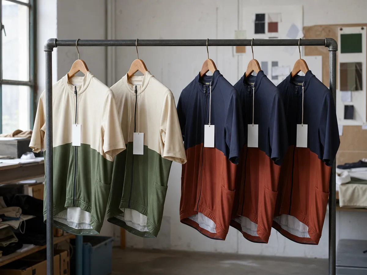Six SKU sample rack for a newly launched DTC cycling brand's first season colorways