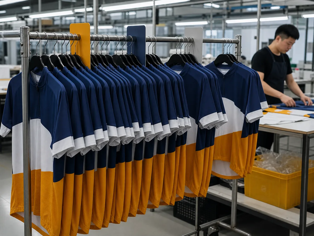 Rack of 240 team cycling jerseys organized by squad for a multi-season club order