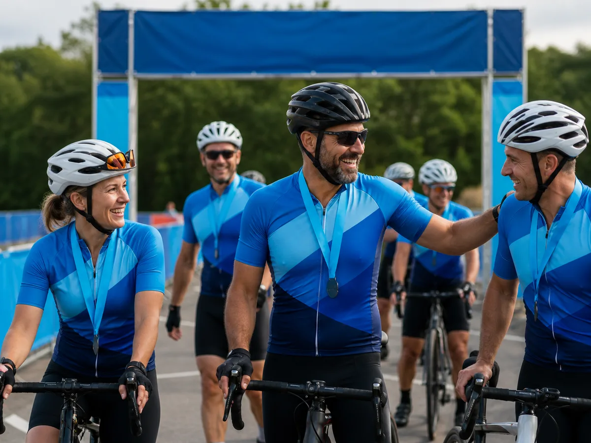 Finisher's jerseys staged at a European amateur road cycling event delivered in two shipments