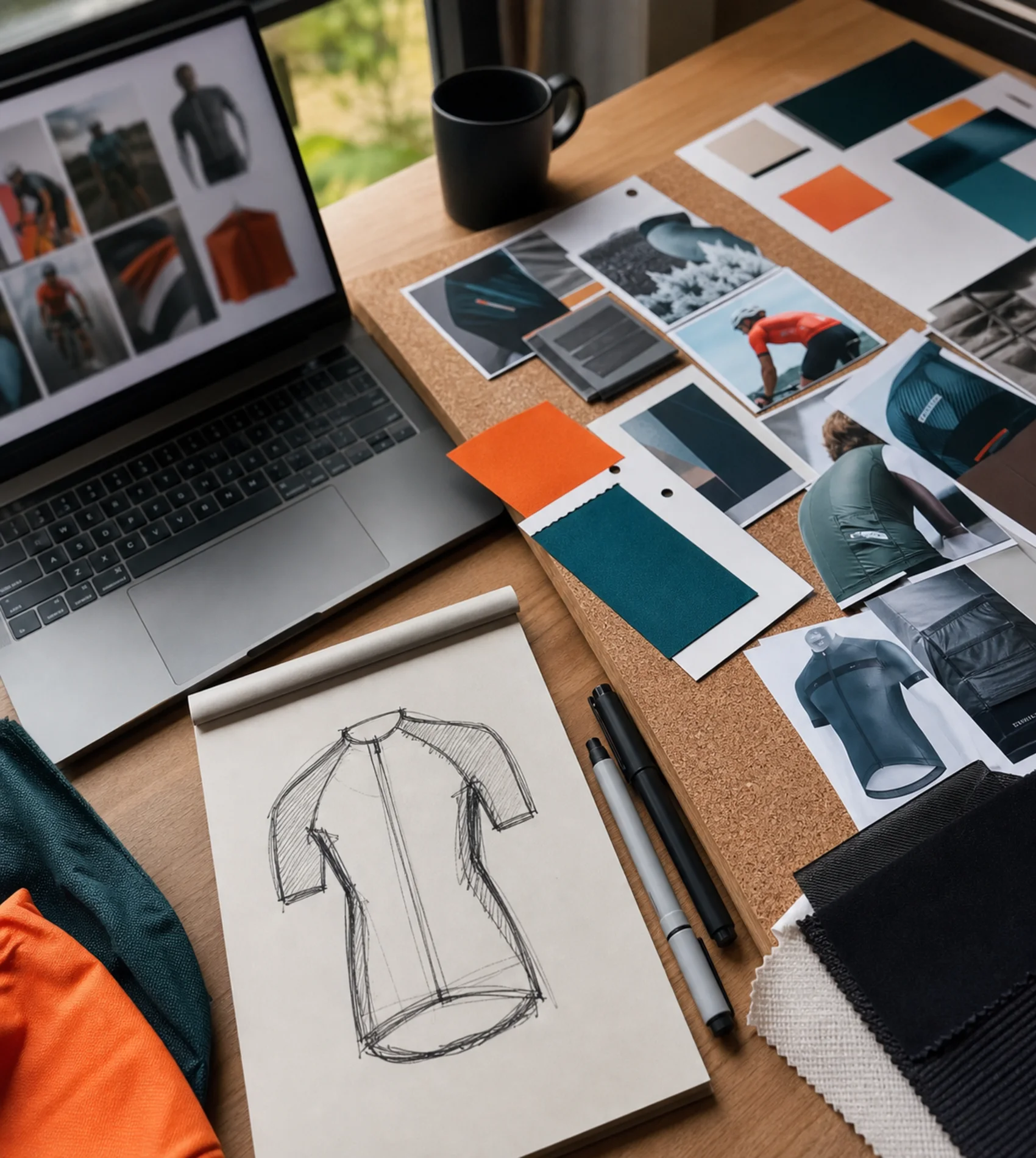 Designer's desk with reference photos and fabric swatches used to start a concept-stage cycling apparel brief