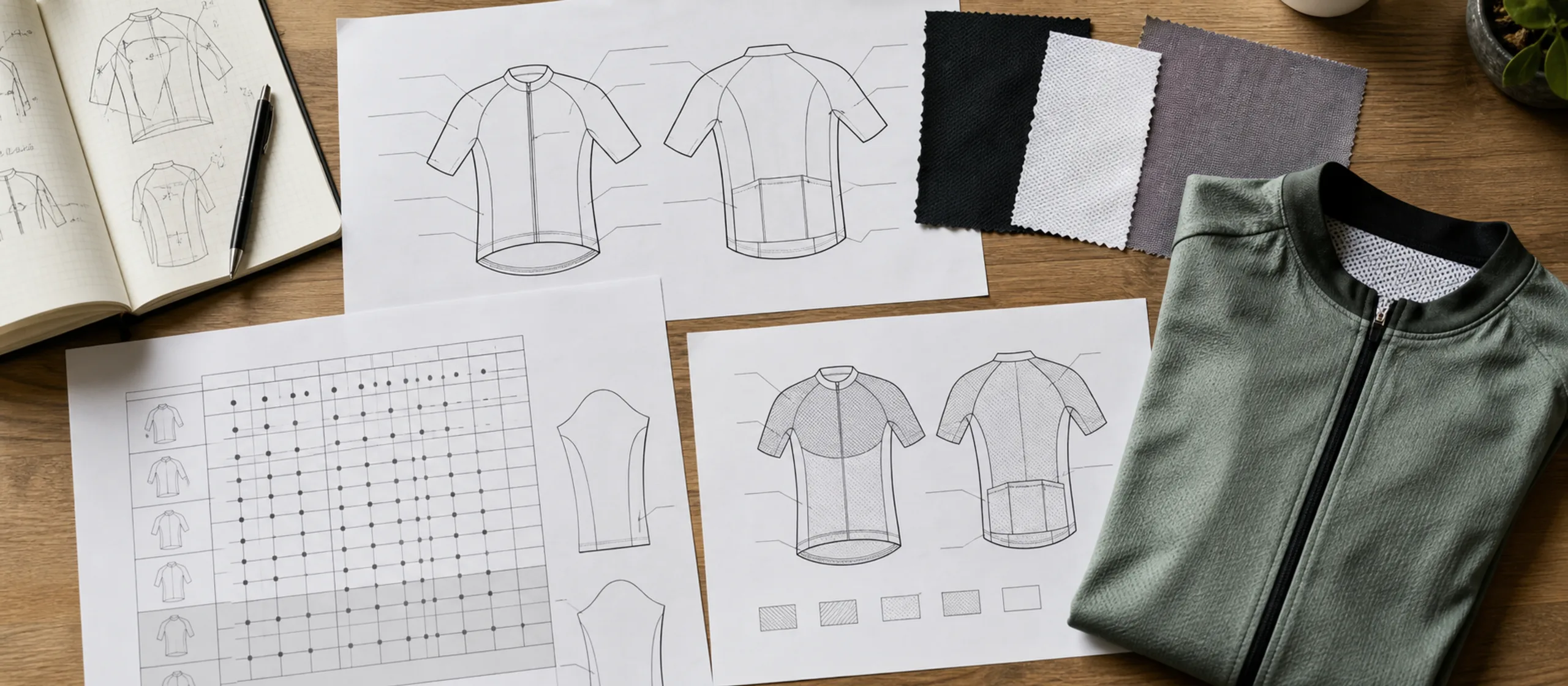 Flat lay of a cycling apparel tech pack — spec sheet, size grading table, and fabric swatches next to a signed reference photo