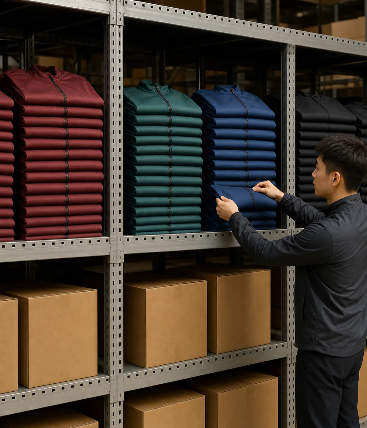 Warehouse shelf of folded house-brand jerseys in four standing colorways ready for a quarterly restock