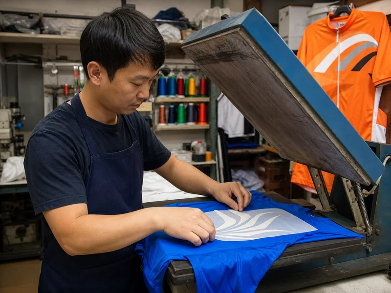 Heat transfer press applying a sponsor logo onto a cycling jersey