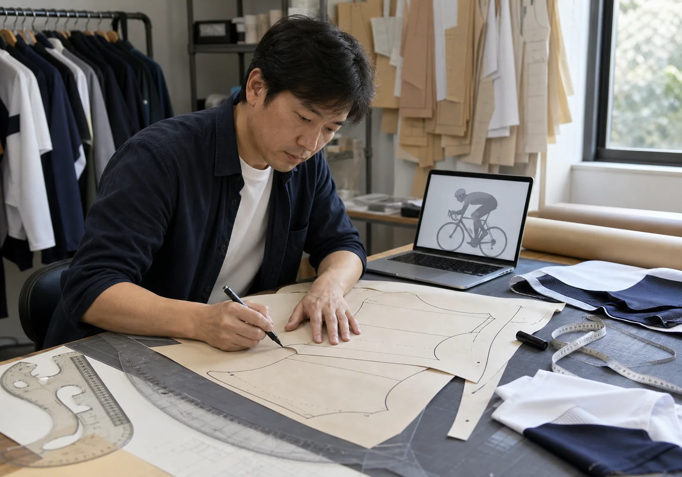 Pattern maker drafting cycling jersey panels against a riding-posture reference